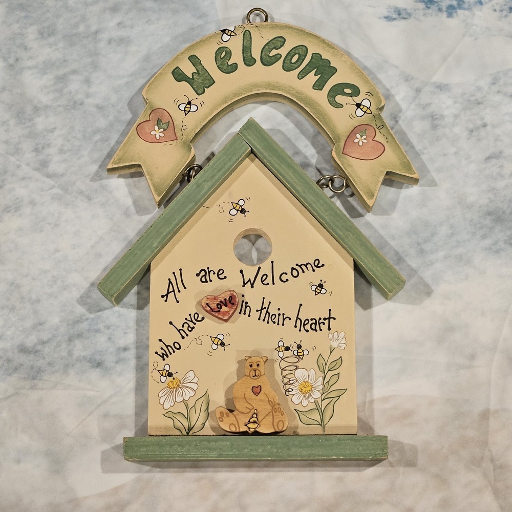 Vintage Style Welcome Birdhouse Wall Sign Cottage Farmhouse Decor Hanging Plaque